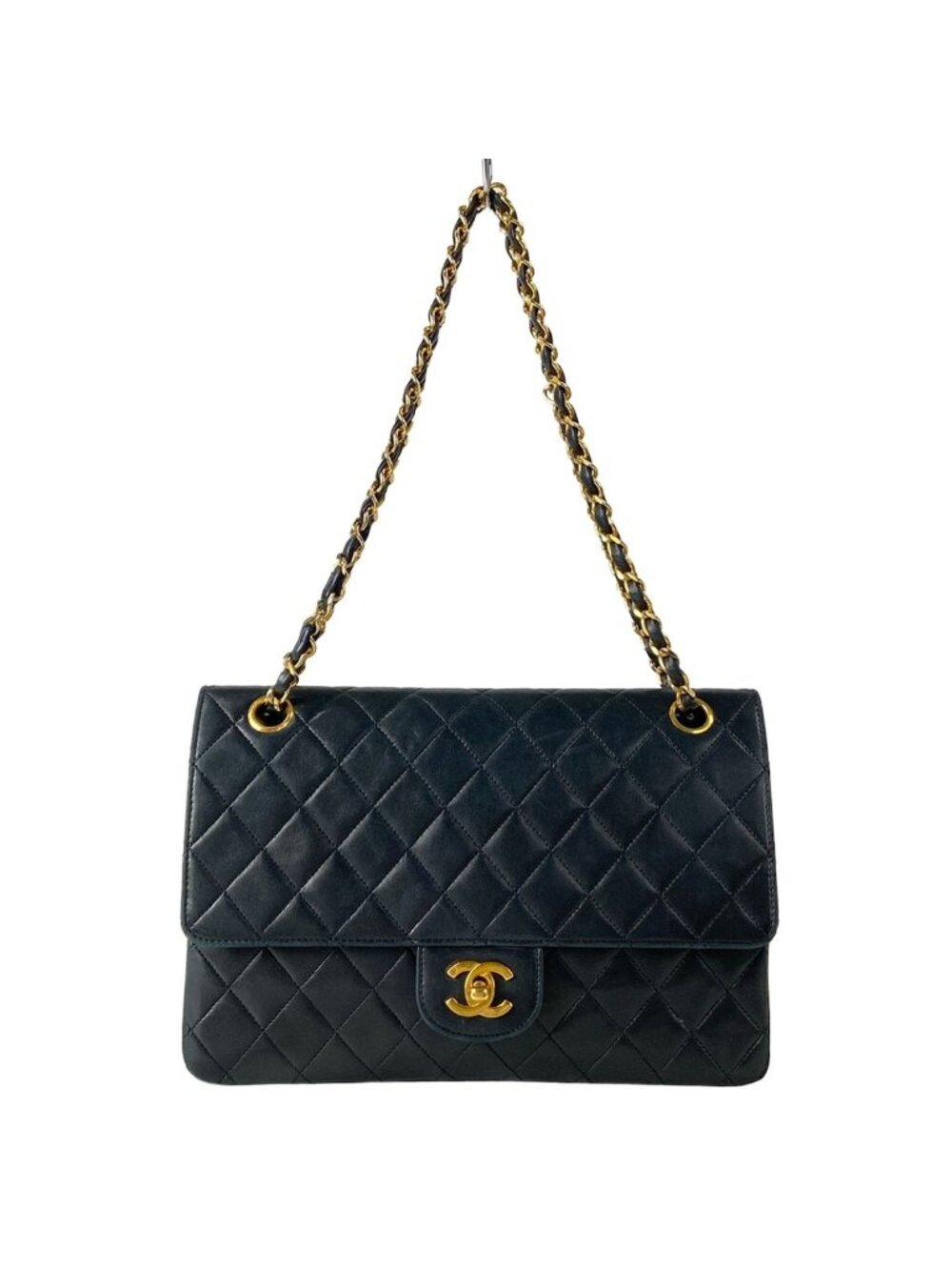 Chanel Shoulder Bag Double Flap Quilted Black Chain Gold Lambskin
